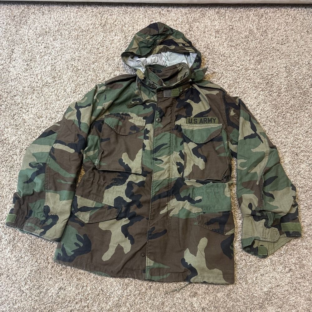 Vintage US Army M-65 Field Jacket Mens Small Short Woodland Camo Cold Weather 80